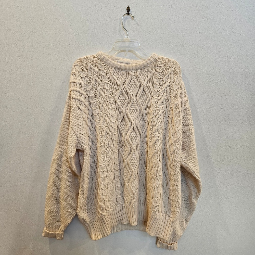 Vintage Lord Jeff Cable Knit Sweater Mens XL Cream Cotton Made in USA